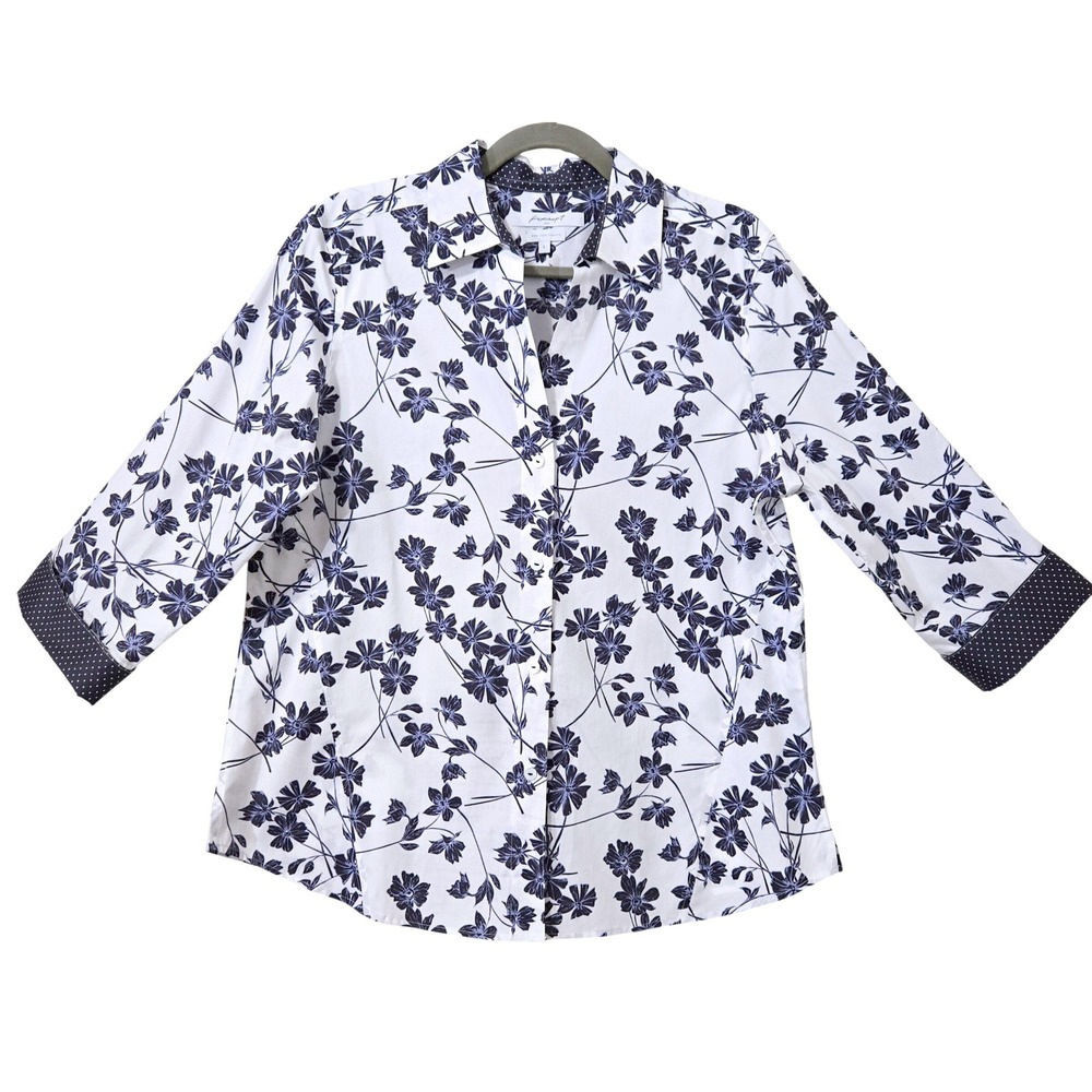 Foxcroft NYC Womens L Non Iron Stretch Floral Button Up Shirt Navy Blue White